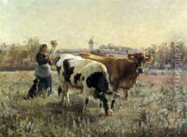 Paysanne Gardant Les Vaches Oil Painting - Leon Barillot