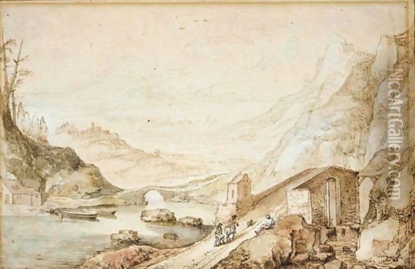 An extensive mountainous landscape with travellers crossing a bridge Oil Painting - Josse de Momper