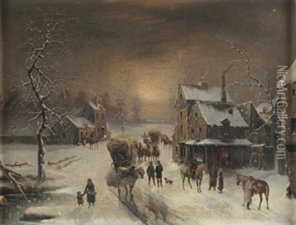 Winterliche Dorfstrase Mit Blick In Eine Schmiede Oil Painting - Louis Claude Mallebranche