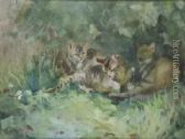 Cats Beneath A Wall Oil Painting - Mildred Anne Butler