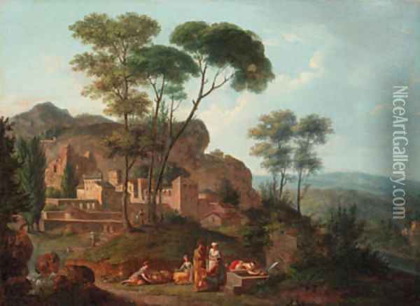 An Italianate landscape with figures resting by a fountain, a town beyond Oil Painting - Nicolas-Didier Boguet