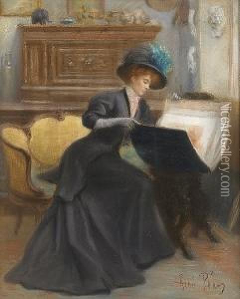 A Young Lady Examining An Artist's Folio Oil Painting - Rene Louis Pean