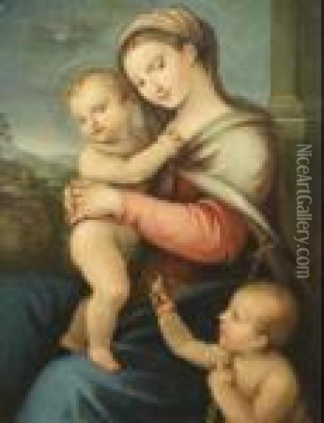 Madonna Col Bambino E San Giovannino In Un Paesaggio Oil Painting - Raphael (Raffaello Sanzio of Urbino)