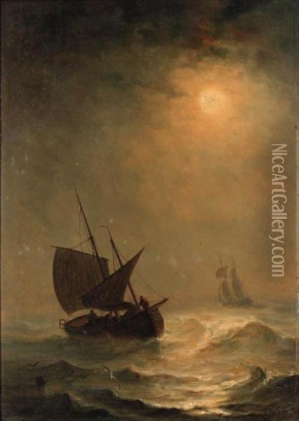 Fishing Luggers At Dusk Oil Painting - Herminie Gudin