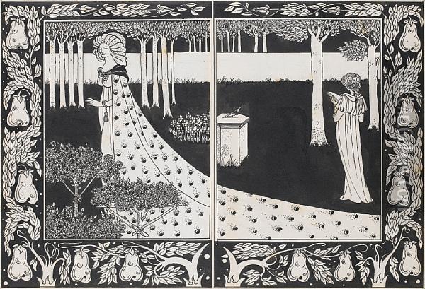 La Belle Isould At Joyous Gard Two Drawingswithin One Mount Oil Painting - Aubrey Vincent Beardsley