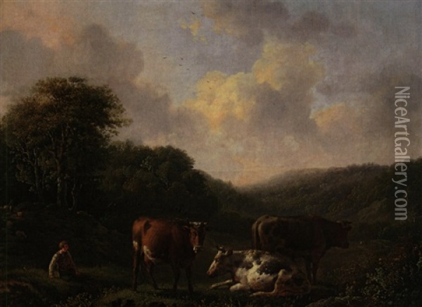 Hugelige Landschaft Mit Hirte, Zwei Kuhen Und Stier Oil Painting - Adolf Karel Maximilian Engel