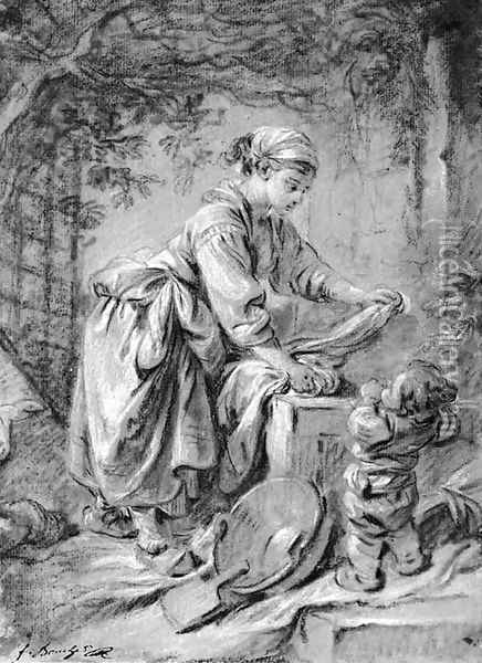 A washerwoman at a fountain with a child under a trellis Oil Painting - Francois Boucher