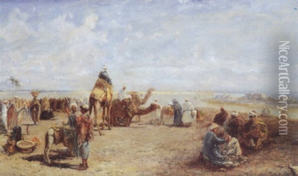 Scene De Marche Au Bord Du Nil, Le Caire Oil Painting - Max Friedrich Rabes