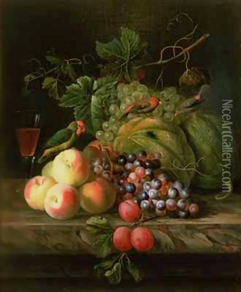 Still life of fruit on a ledge with Parakeets Oil Painting - Giovanni Boggi