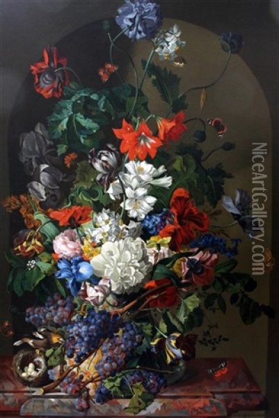 Still Life Of Flowers, Fruit, Butterflies And Birds Nest Upon A Marble Ledge Oil Painting - Leopold Zinnoegger