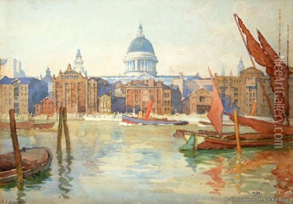 River Thames & St Pauls Cathedral Oil Painting - Alfred Ernest Baxter