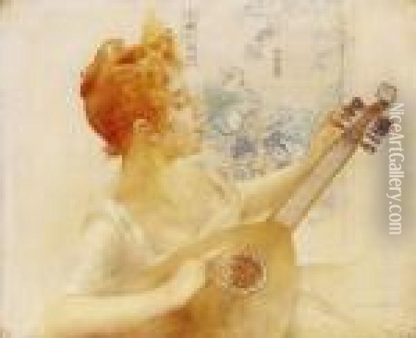Red-haired Lady With A Mandolin Oil Painting - Bertalan Karlovszky