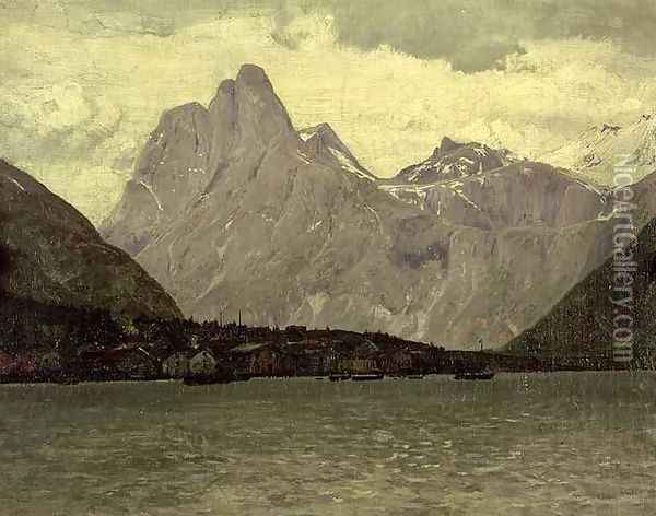 Norwegian Fishing Village Oil Painting - Laurits Bernard Holst