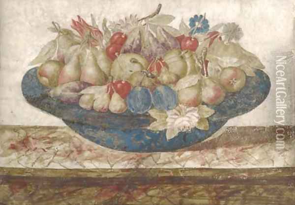 A dish of pears, plums, cherries and figs with a spray of flowers Oil Painting - Giovanna Garzoni