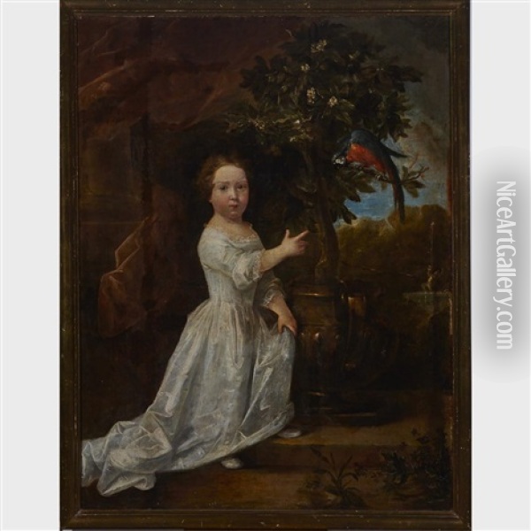 Young Girl In A Garden Pointing To A Parrot Oil Painting - Eglon Hendrik van der Neer