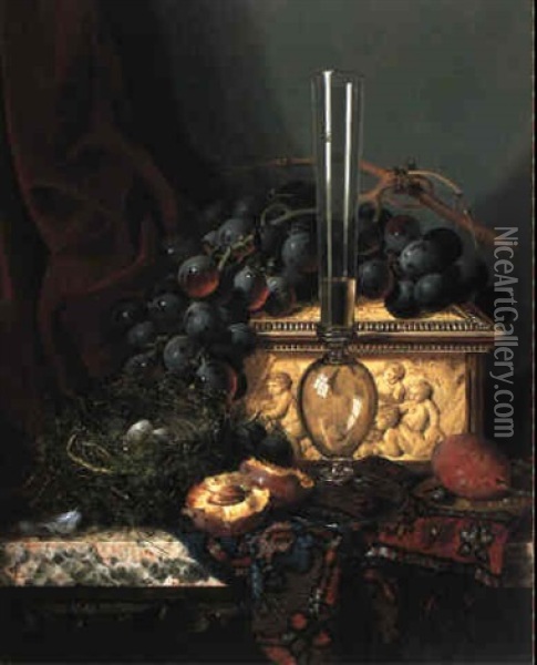 Fruit And Quail's Eggs In A Nest By A Wine Flute In Front Of An Ivory Casket Oil Painting - Edward Ladell