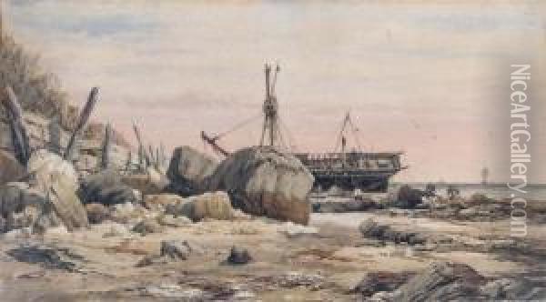 A Rocky Coastline With Beached Sailing Vessel And Attendant Figures Oil Painting - Richard Henry Nibbs