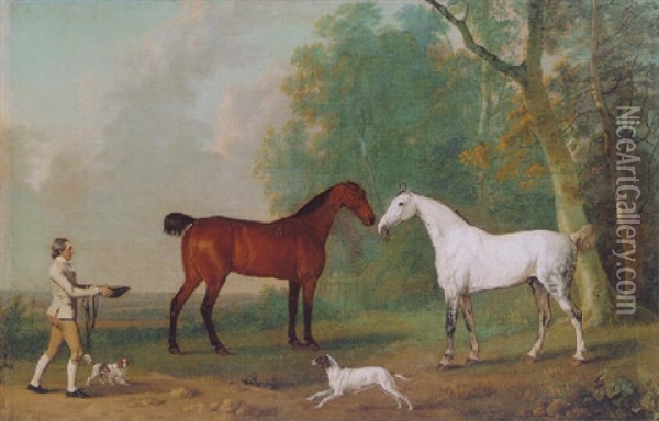 A Grey And Bay Hunter With Dogs And A Groom In A Landscape Oil Painting - Sawrey Gilpin
