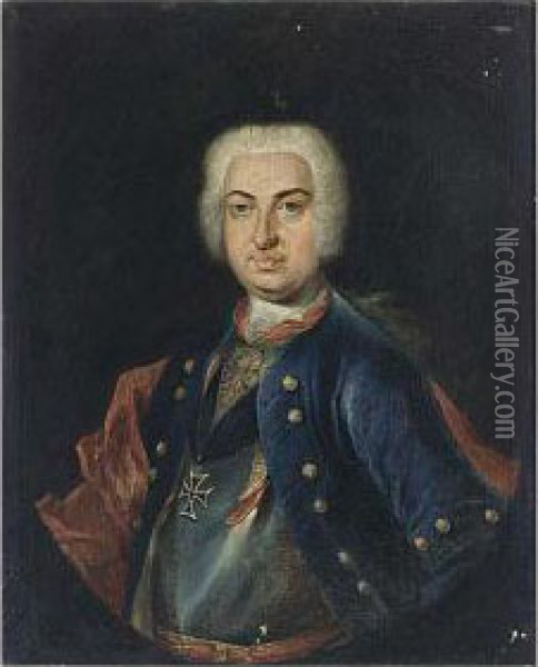 A Portrait Of A Nobleman, Half Length, Wearing A Blue Coat, A Red Shawl And A Wig Oil Painting - Johann Joseph Iii Scheubel