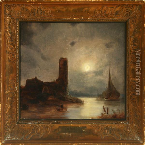 Coastal Scenery Withruined Castle In Moonlight Oil Painting - August Vilhelm Boesen