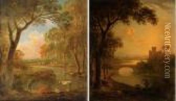 An Italianate River Landscape 
With An Angler At Sunset; And A Wooded Landscape With A Shepherd And His
 Flock By A Stream Oil Painting - Abraham Pether