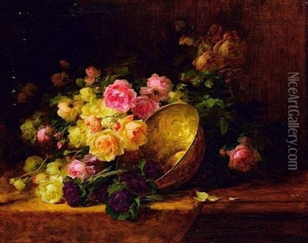 Nature Morte Aux Fleurs, Roses Et Bouquets De Violettes Oil Painting - Andre Perrachon