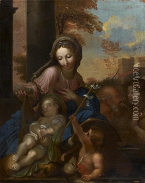 Sainte Famille Avec La Vierge Contemplant L'enfant Endormi Oil Painting - Sebastien Bourdon