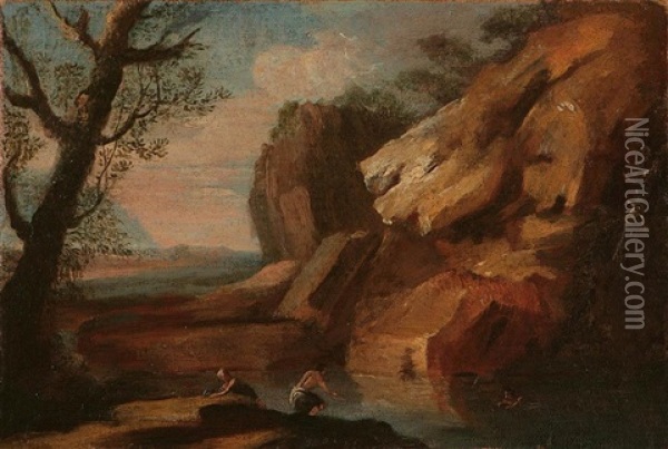 Paesaggio Roccioso Con Laghetto E Nuotatore Oil Painting - Gaspard Dughet