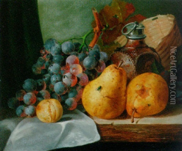 Pears, Grapes, A Greengage, Plums, A Stoneware Flask And A Wicker Basket, On A Wooded Ledge Oil Painting - Edward Ladell