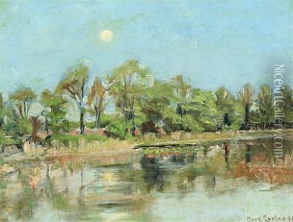 Moonlight Scene By A Forest Lake Oil Painting - Carl Ludvig Thilson Locher