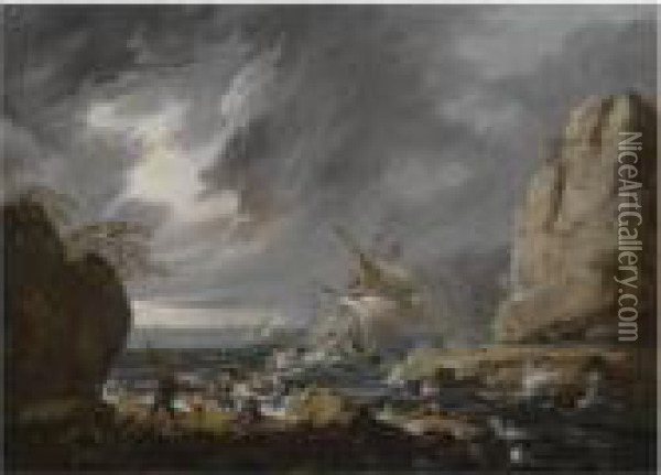 A Stormy Coastal Landscape With A Ship Running Aground Oil Painting - Jean-Baptiste Pillement