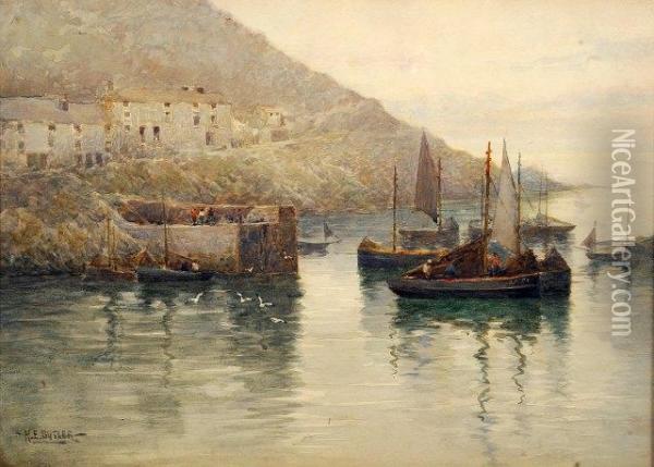 Polperro, Cornwall, A Harbour View Oil Painting - Herbert E. Butler