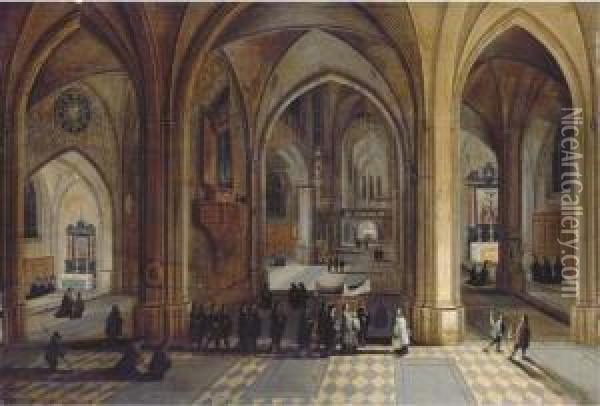 The Interior Of A Gothic Cathedral With A Procession Oil Painting - Pieter Ii Neefs