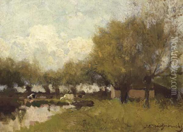 Cows Under Willows By A Pond Oil Painting - Jan Hendrik Weissenbruch