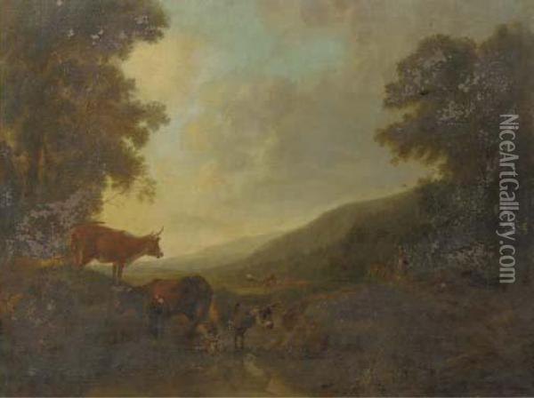 A Landscape With Shepherds And Their Cattle By A Creek Oil Painting - Balthasar Paul Ommeganck