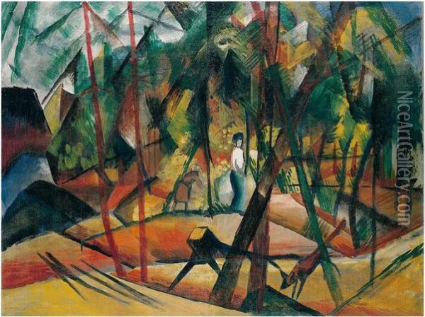 Waldspaziergang (forest Walk) Oil Painting - August Macke