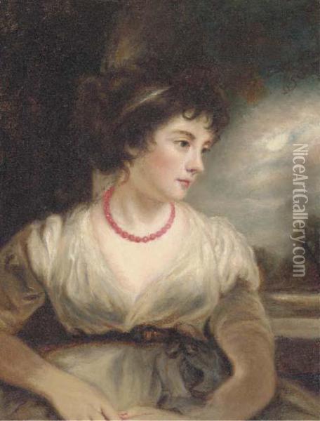 Portrait Of A Girl, Half-length, In A White Dress, A Moonlitlandscape Beyond Oil Painting - Thomas Gainsborough