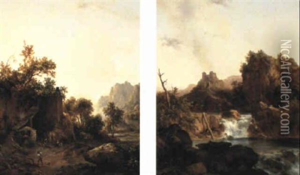 Wooded Mountainous Landscape With Charcoal Burners Near A River Oil Painting - Jacques Raymond Brascassat