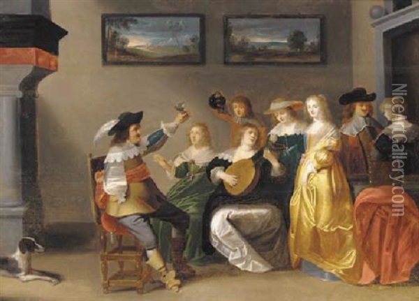 Elegant Company Making Music And Drinking In An Interior Oil Painting - Christoffel Jacobsz. Van Der Lamen