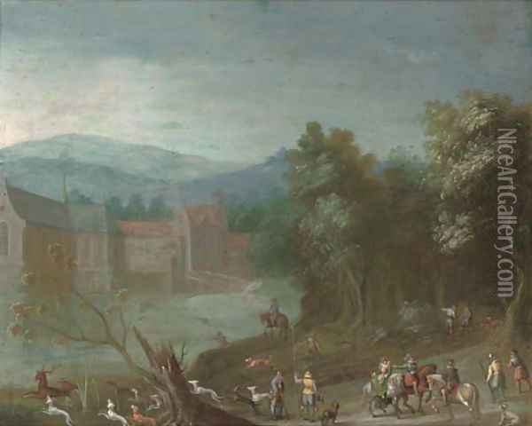 A wooded river landscape with a stag hunt, a castle beyond Oil Painting - Anton Mirou