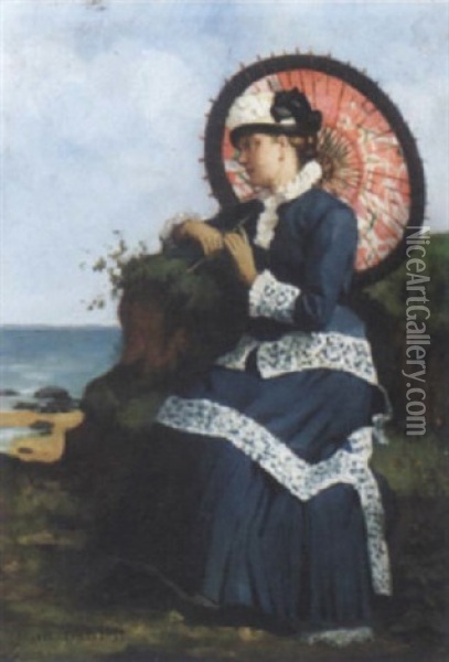 An Elegant Lady By The Shore With A Pink Parasol Oil Painting - Albert Auguste Fourie