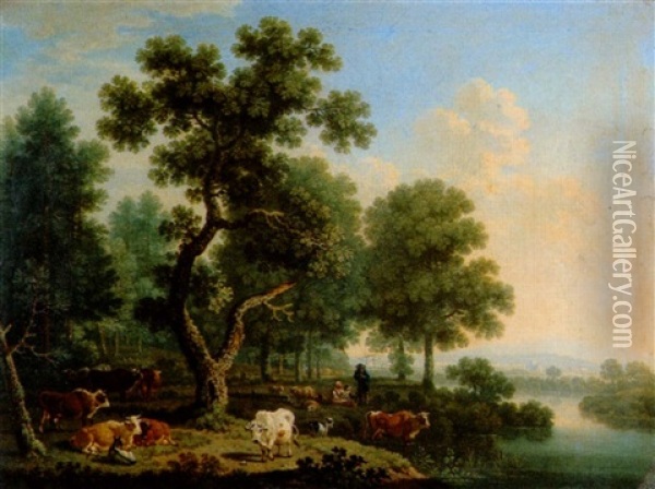 Flusslandschaft Mit Hirtenfamilie Und Weidenden Schafen, Ziegen Und Kuhen Oil Painting - Friedrich Wilhelm Hirt
