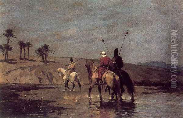 Arabic riders crossing a river Oil Painting - Alberto Pasini
