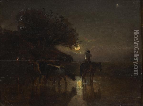 Le Passage Du Gue Au Clair De Lune Oil Painting - Amedee Baudit