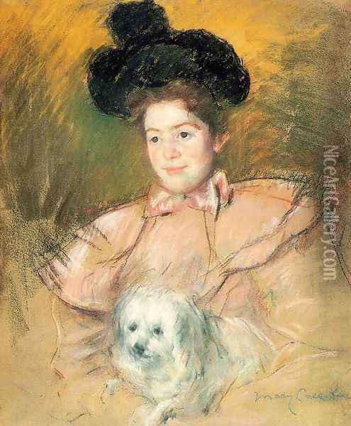 Woman In Raspberry Costume Holding A Dog Oil Painting - Mary Cassatt