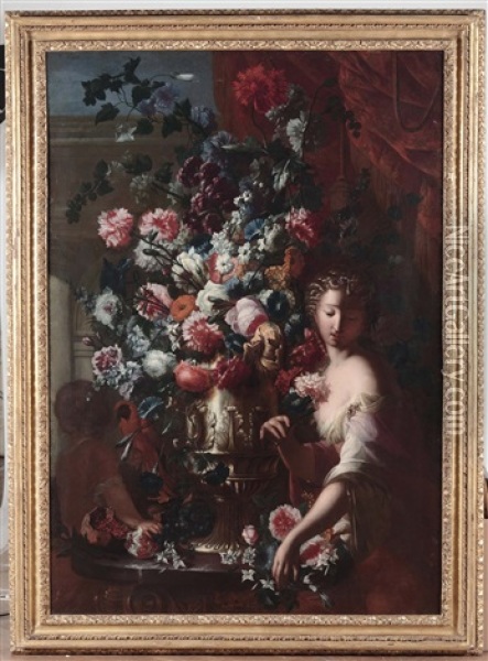 Trionfo Di Fiori In Un Vaso Dargento, Una Donna E Un Bimbo Di Spalle Oil Painting - Karel van Vogelaer
