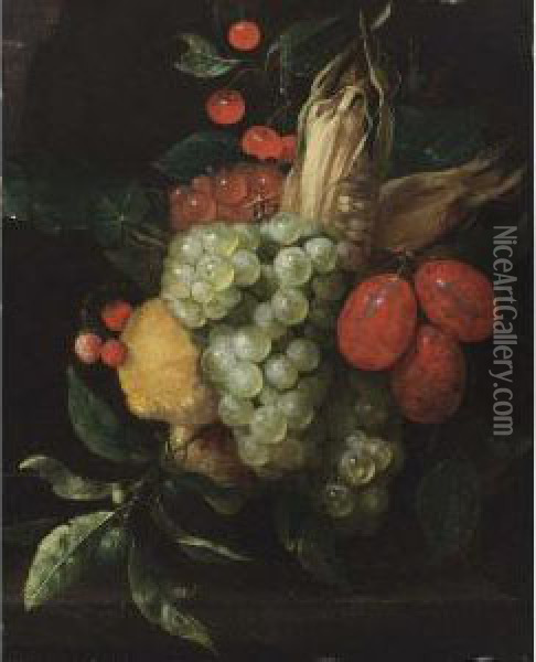 A Still Life With A Bunch Of 
White And Black Grapes, Prunes, Lemons, Corn, Cherries And Strawberries 
Hanging Above A Stone Ledge Oil Painting - Jan Pauwel Gillemans The Elder