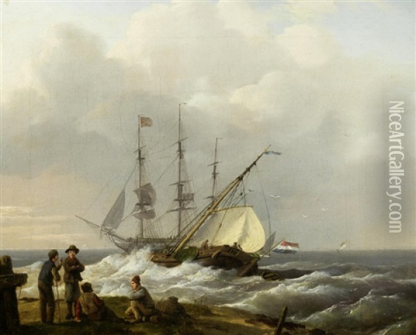 Fishermen On The Shore With Ships Setting Sail Beyond Oil Painting - Barend Cornelis Koekkoek