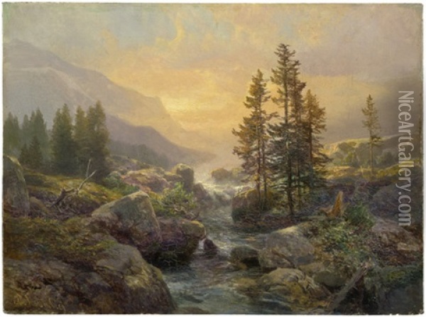 Gebirgslandschaft Mit Kleinem Bach Bei Sonnenuntergang Oil Painting - Bernhard Muehlig