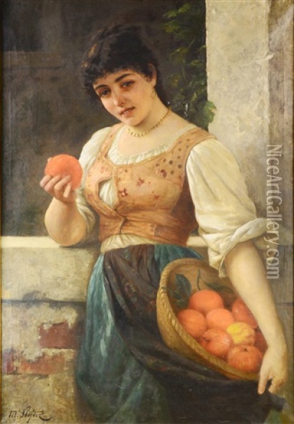 A Woman Selling Apples Oil Painting - Moritz Stifter